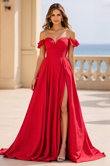 Red A Line Off the Shoulder Satin Long Prom Dress with Slit
